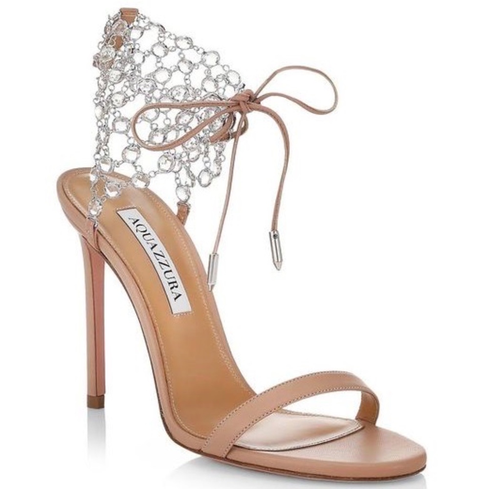 Aquazzura Crystal Web Leather Ankle-Tie Leather Stiletto Sandal